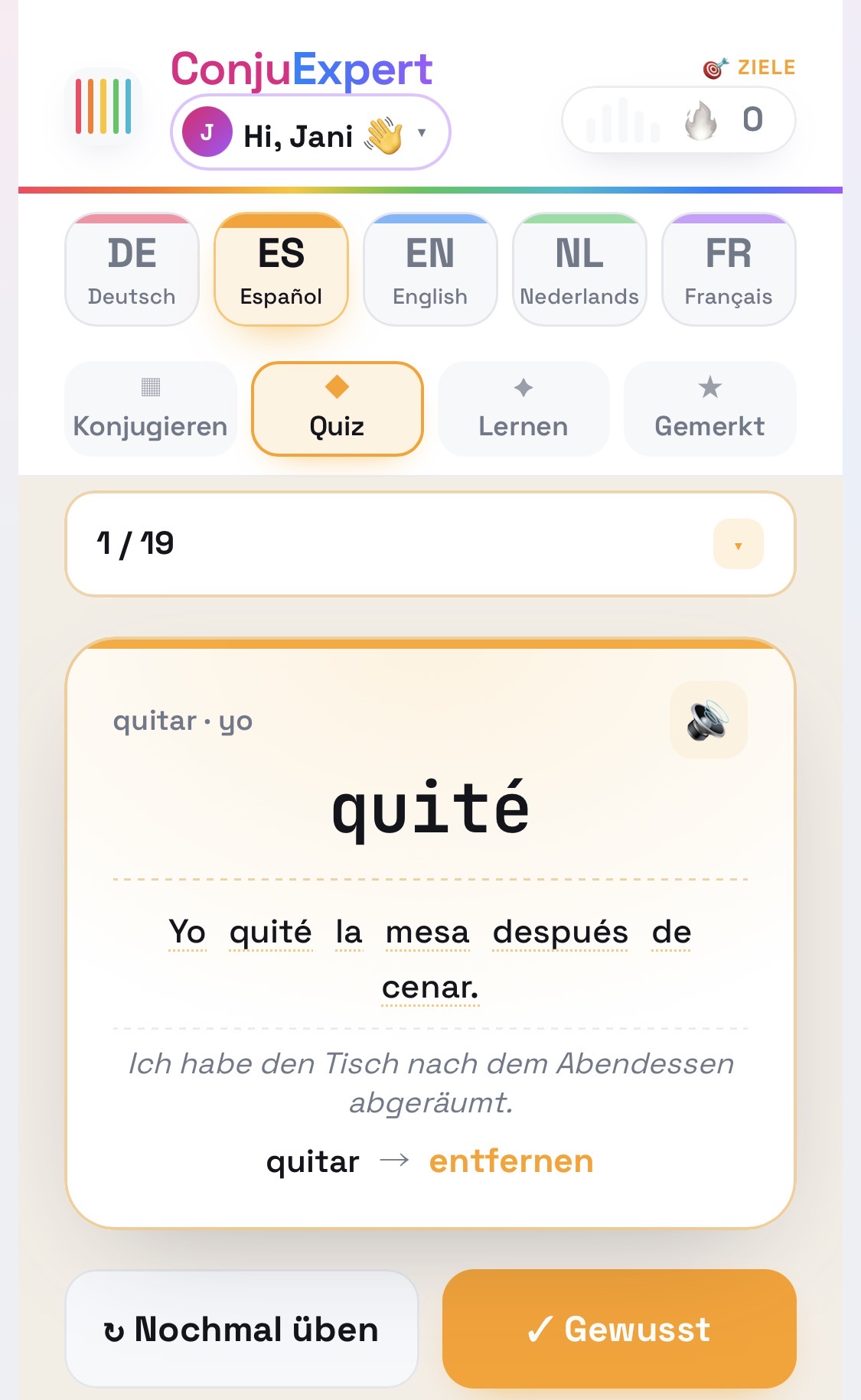 ConjuExpert Karten-Quiz: Lösung quité im ganzen Satz mit deutscher Übersetzung