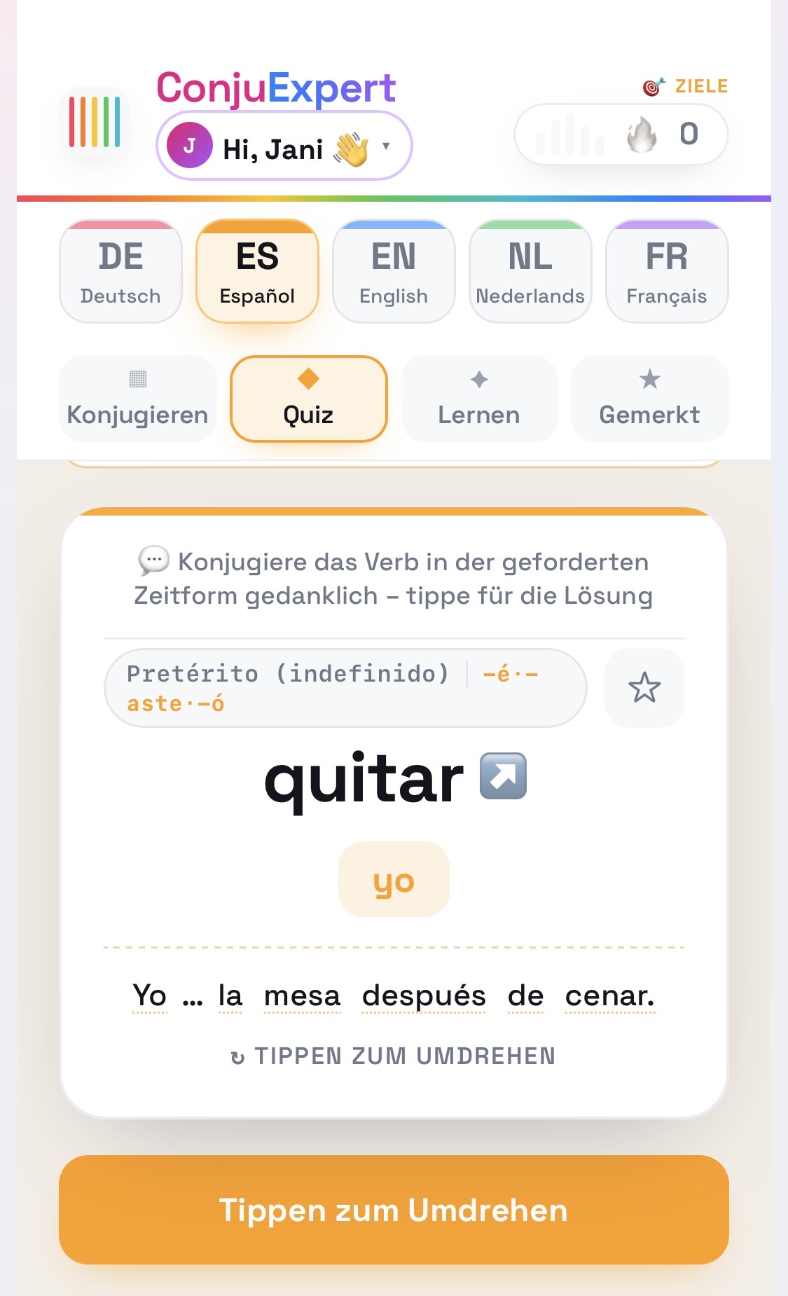ConjuExpert Karten-Quiz: Lückensatz auf Spanisch – quitar, Person yo, Pretérito indefinido