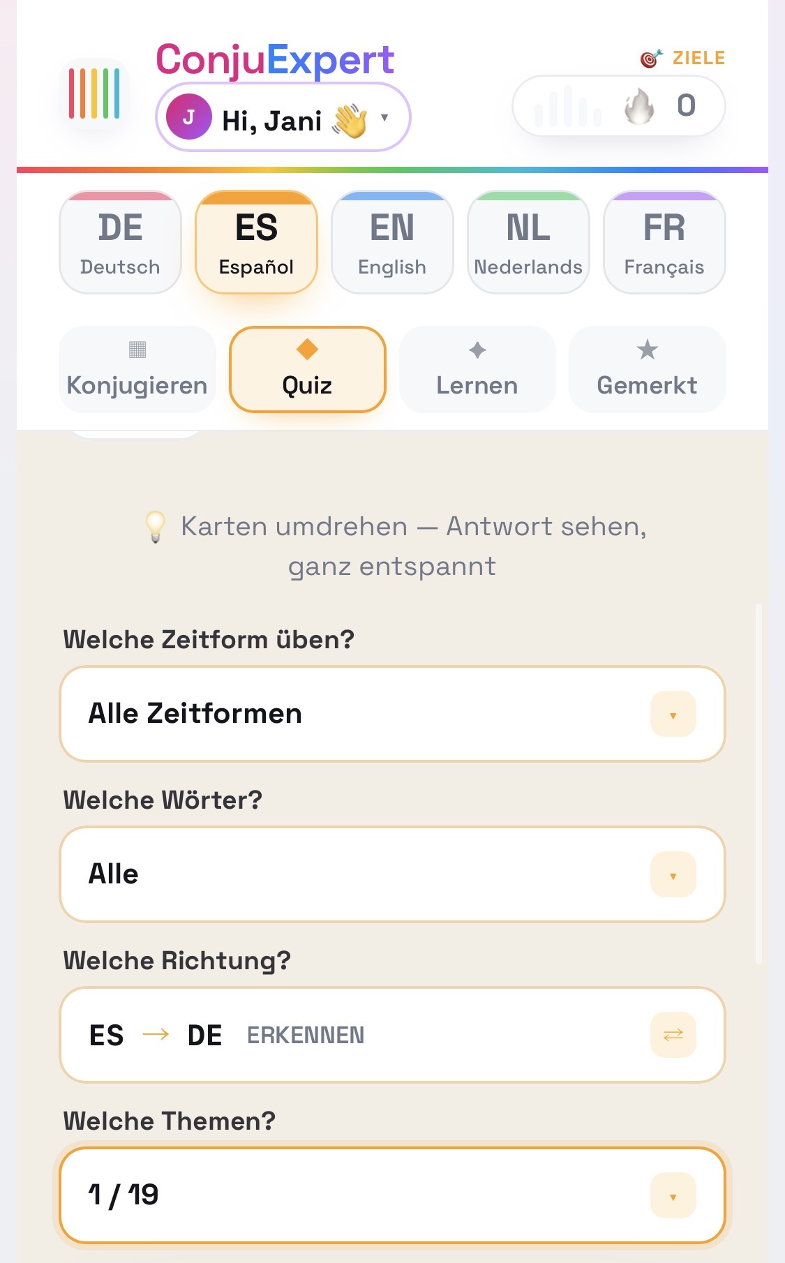 ConjuExpert Karten-Quiz: Auswahl von Zeitform, Wörtern, Richtung und Themen vor der Runde