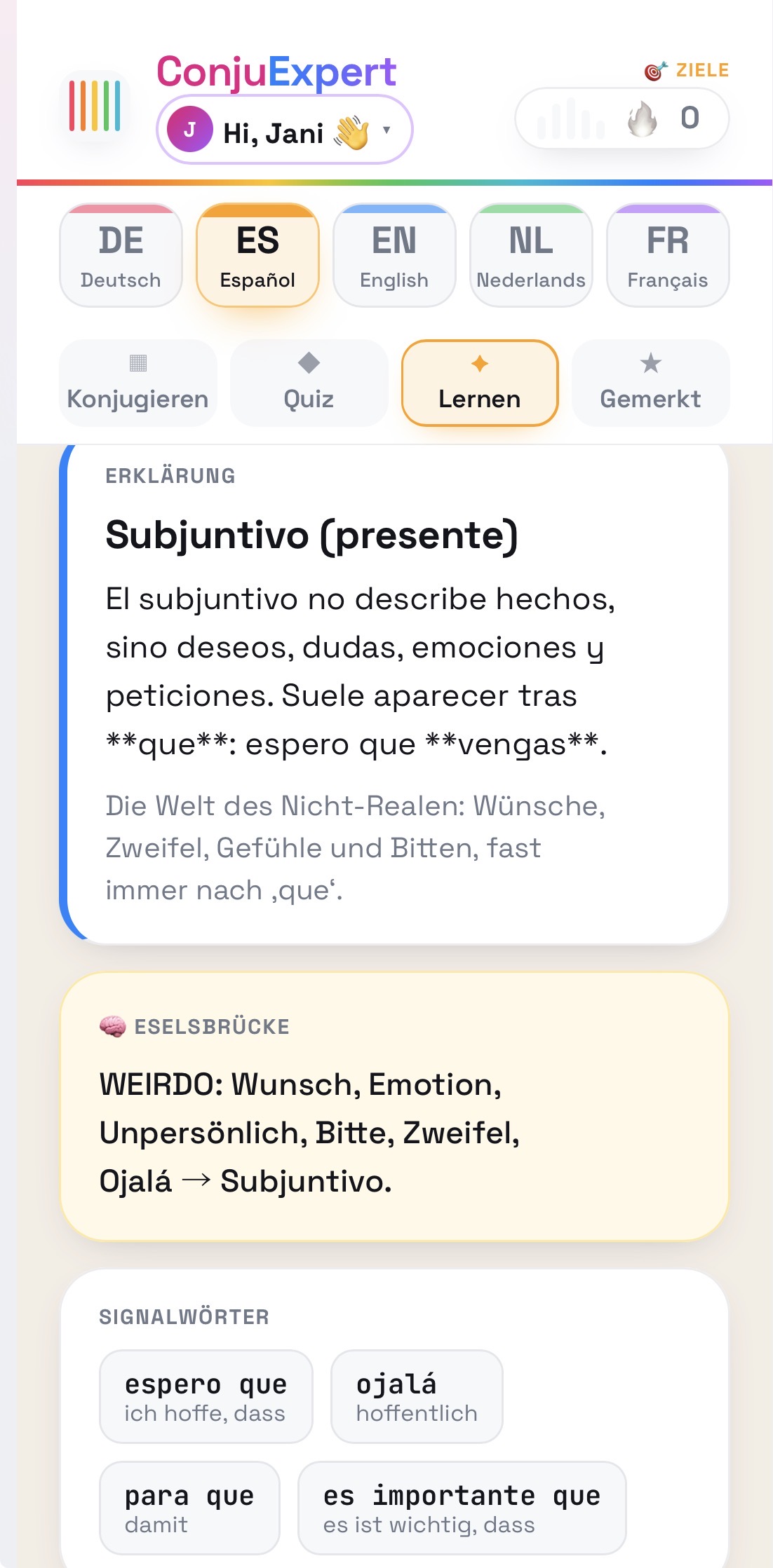 ConjuExpert Learn-Tab: Subjuntivo-Übersicht mit Erklärung, WEIRDO-Eselsbrücke und Signalwörtern